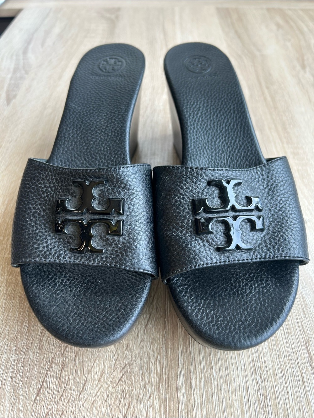 Tory Burch Black Leather Slide Wedge Sandals 9